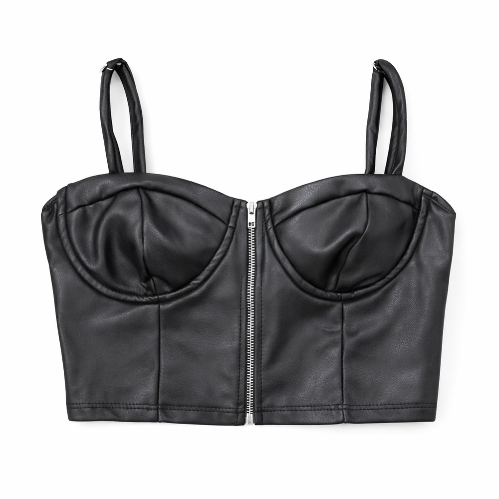 Haute Monde Black Faux Leather Bustier Crop Top Corset Zip Front Size M